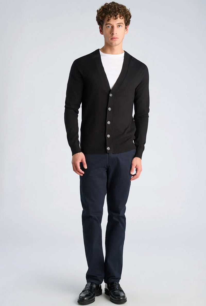 Front image of a model wearing Ecovero vneck cardigan in black, by brand Lindbergh