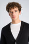 Front image of a model wearing the Ecovero vneck cardigan in black, by brand Lindbergh