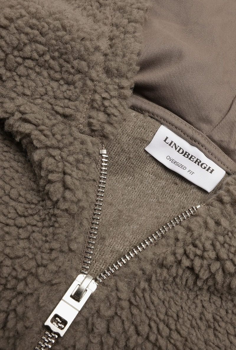 Detail image of Half zip pile hoodie in brown, by brand Lindbergh