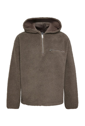 Front image of Half zip pile hoodie in brown, by brand Lindbergh