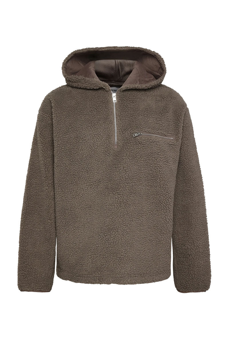Front image of Half zip pile hoodie in brown, by brand Lindbergh
