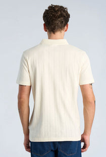 Back image of a model wearing the Jacquard vneck polo in off white, by brand Lindbergh