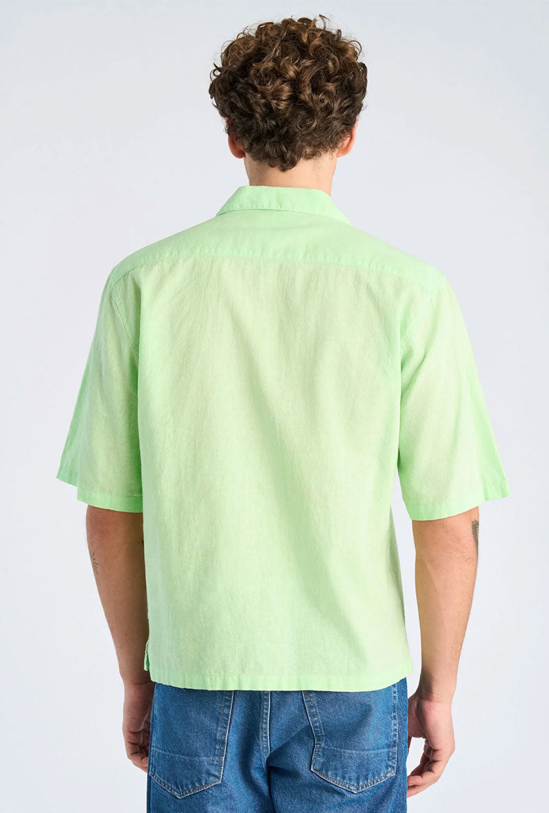 Back image of a model wearing Linen blend cropped shirt in green, by brand Lindbergh