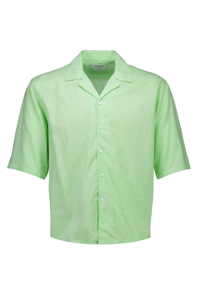 Front image of Linen blend cropped shirt in green, by brand Lindbergh