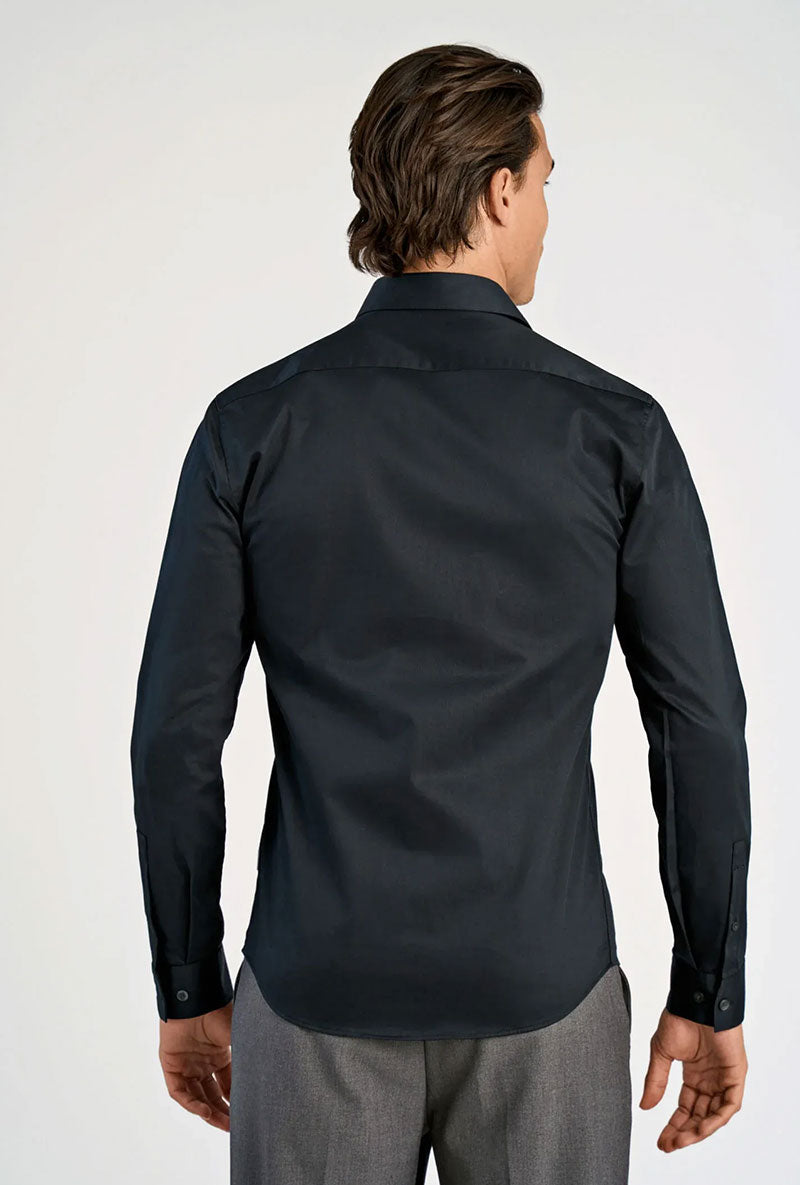 Back image of a model wearing Plain sateen superlflex shirt in black, by brand Lindbergh