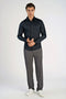 Front image of a model wearing the Plain sateen superlflex shirt in black, by brand Lindbergh