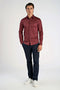 Front image of a model wearing the Plain sateen superlflex shirt in burgundy, by brand Lindbergh