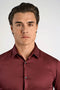 Front image of a model wearing the Plain sateen superlflex shirt in burgundy, by brand Lindbergh