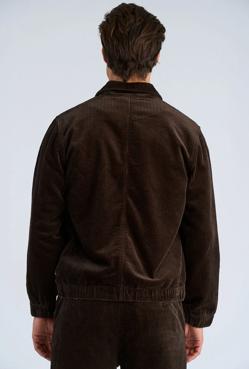 Back image of a model wearing Seersucker corduroy zip jacket in brown, by brand Lindbergh