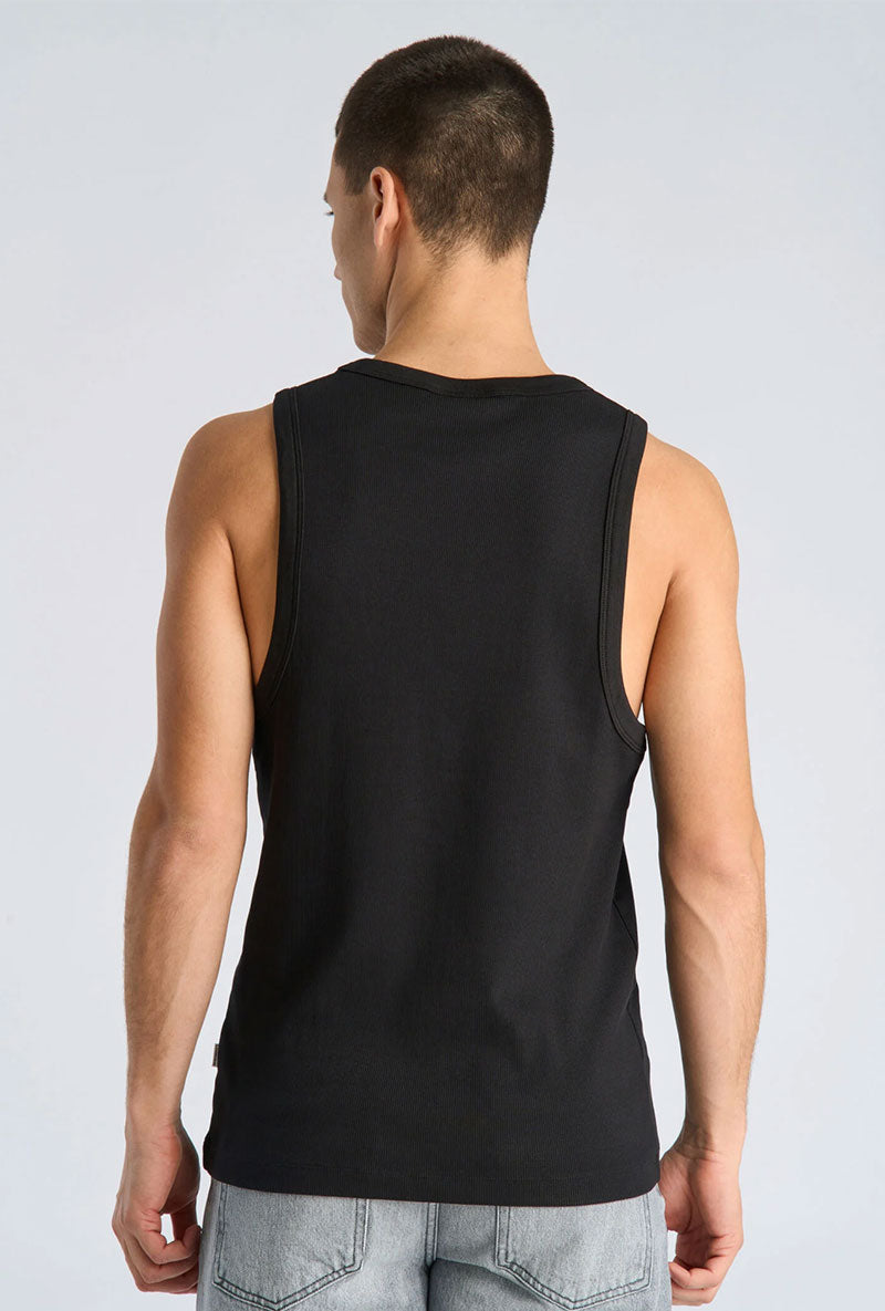 Back image of a model wearing Slim fit tank top in black, by brand Lindbergh