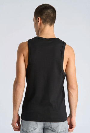 Back image of a model wearing the Slim fit tank top in black, by brand Lindbergh