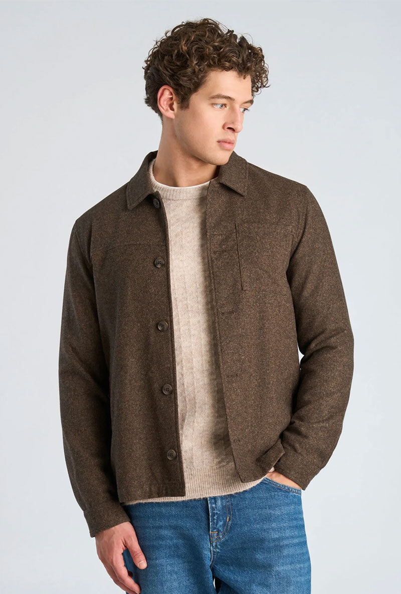 Front image of a model wearing Wool blend flannel overshirt in brown, by brand Lindbergh