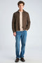 Front image of a model wearing the Wool blend flannel overshirt in brown, by brand Lindbergh