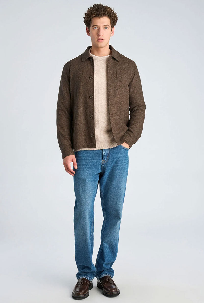 Front image of a model wearing Wool blend flannel overshirt in brown, by brand Lindbergh