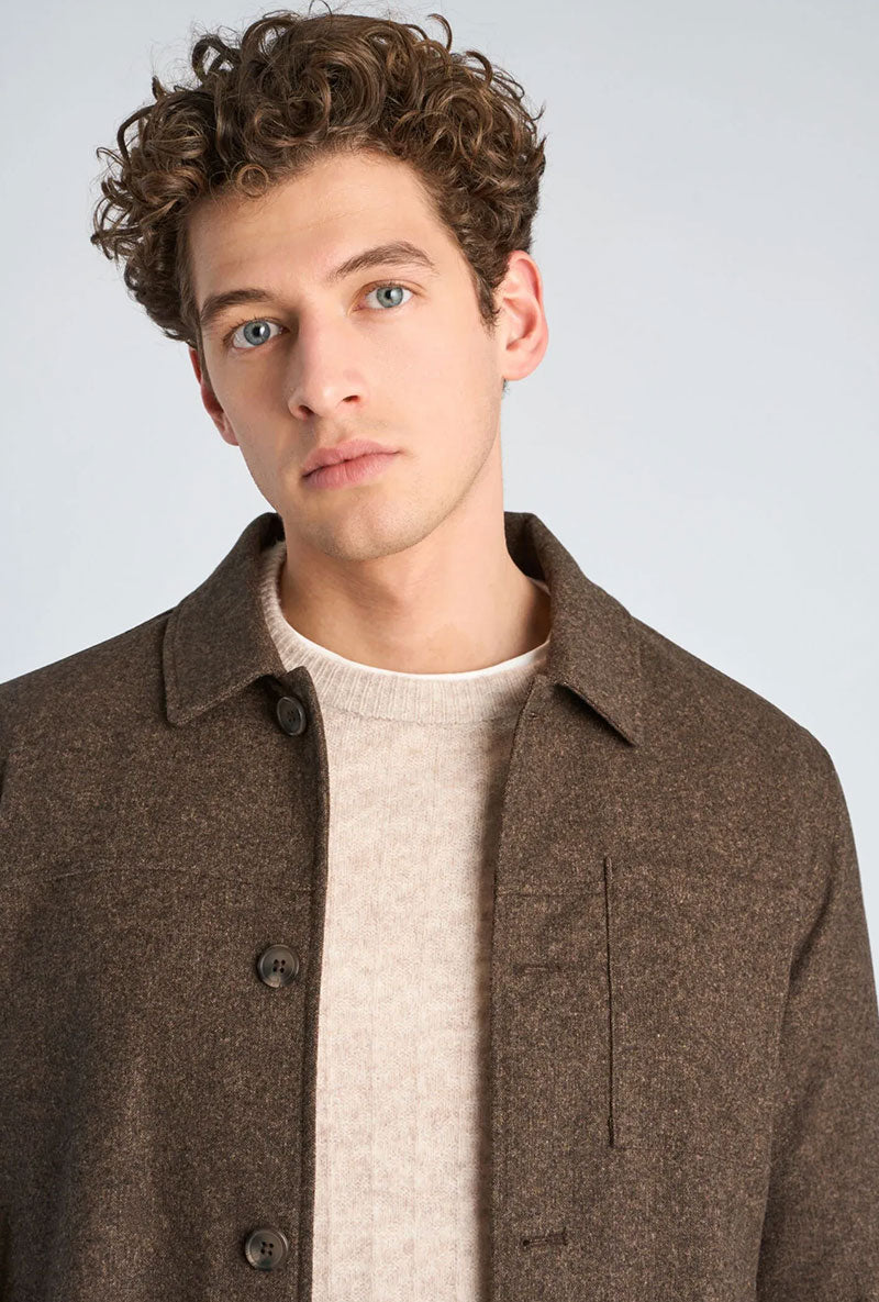 Front image of a model wearing Wool blend flannel overshirt in brown, by brand Lindbergh
