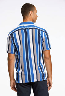 Back image of a model wearing the Bold stripe viscose shirt in blue, by brand Lindbergh