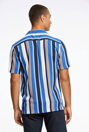 Back image of a model wearing the Bold stripe viscose shirt in blue, by brand Lindbergh