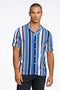 Front image of a model wearing Bold stripe viscose shirt in blue, by brand Lindbergh