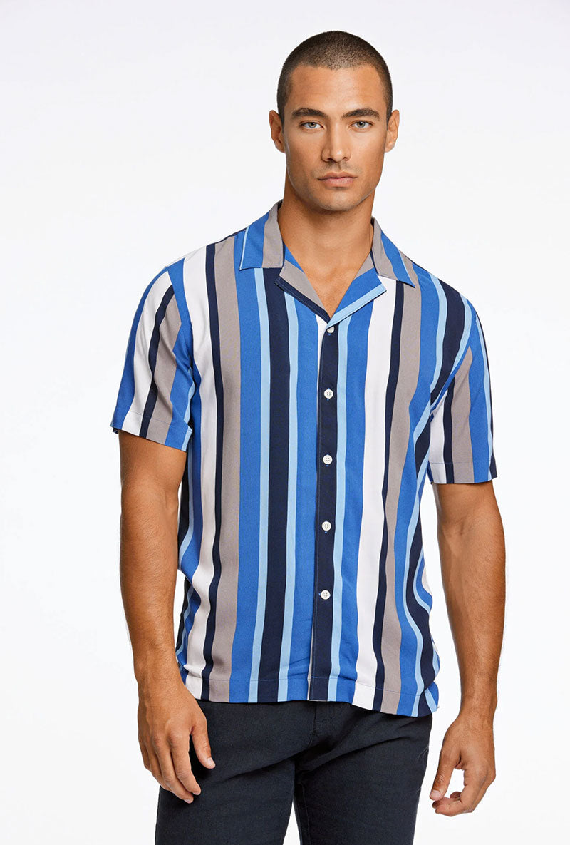 Front image of a model wearing Bold stripe viscose shirt in blue, by brand Lindbergh