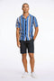 Front image of a model wearing the Bold stripe viscose shirt in blue, by brand Lindbergh
