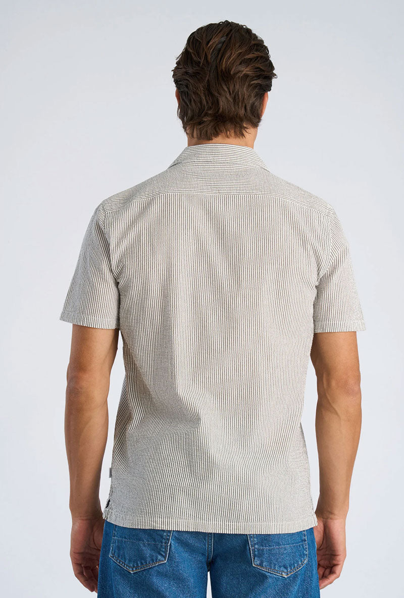 Back image of a model wearing Striped seersucker shirt in stripe, by brand Lindbergh