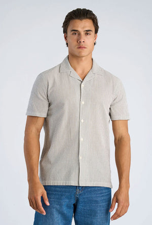 Front image of a model wearing the Striped seersucker shirt in stripe, by brand Lindbergh