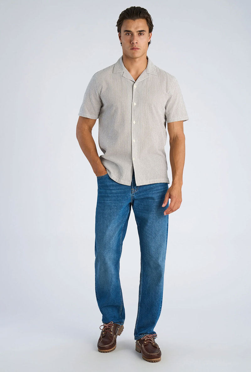Front image of a model wearing Striped seersucker shirt in stripe, by brand Lindbergh