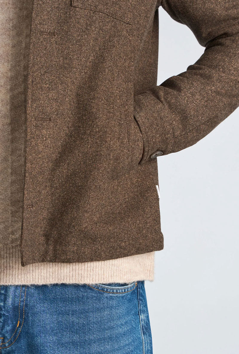 Front image of a model wearing Wool blend flannel overshirt in brown, by brand Lindbergh