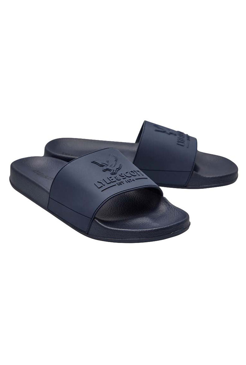 Front image of Brody sliders in navy, by brand Lyle and scott