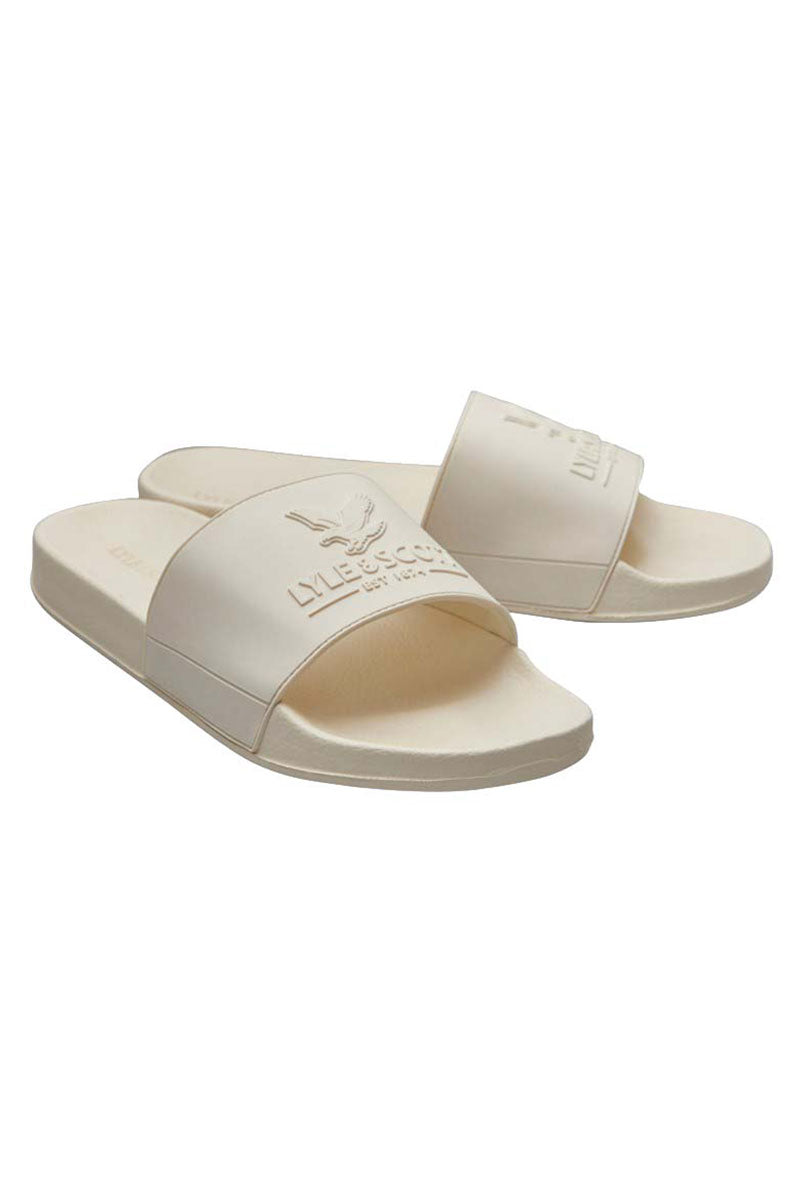 Front image of Brody sliders in off white, by brand Lyle and scott