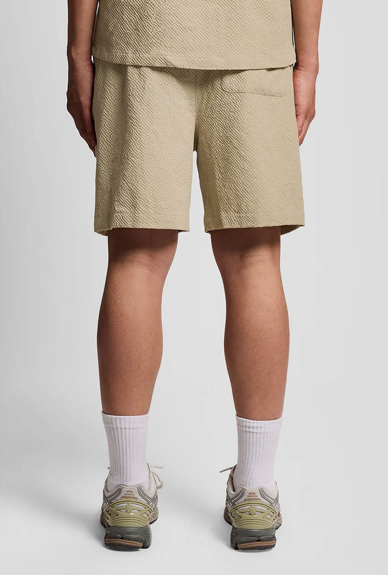 Back image of a model wearing Crinkle resort shorts in stone, by brand Lyle and scott
