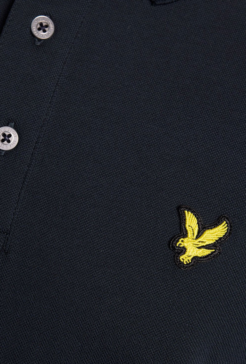 Front logo detail image of Fine tipped polo in navy, by brand Lyle and scott