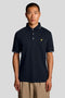 Front image of a model wearing Fine tipped polo in navy, by brand Lyle and scott