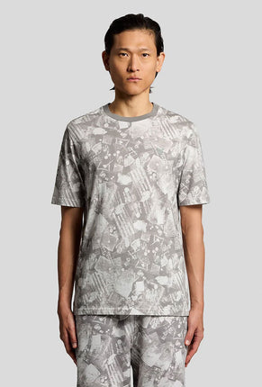 Front image of a model wearing Industrial print t in grey, by brand Lyle and scott