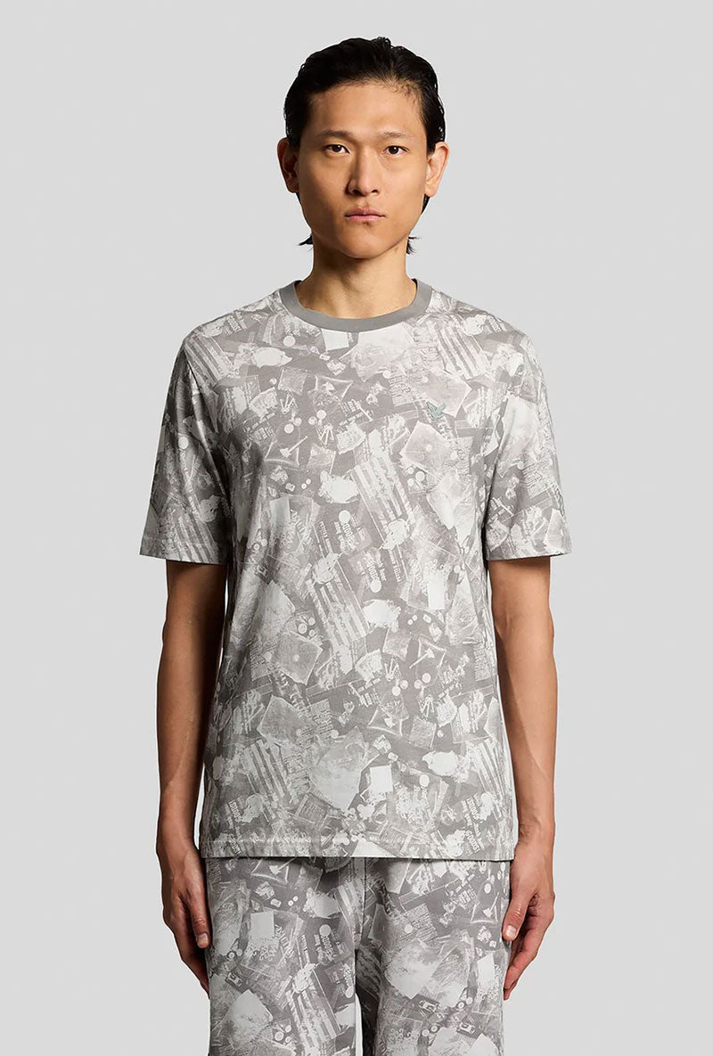 Front image of a model wearing Industrial print t in grey, by brand Lyle and scott