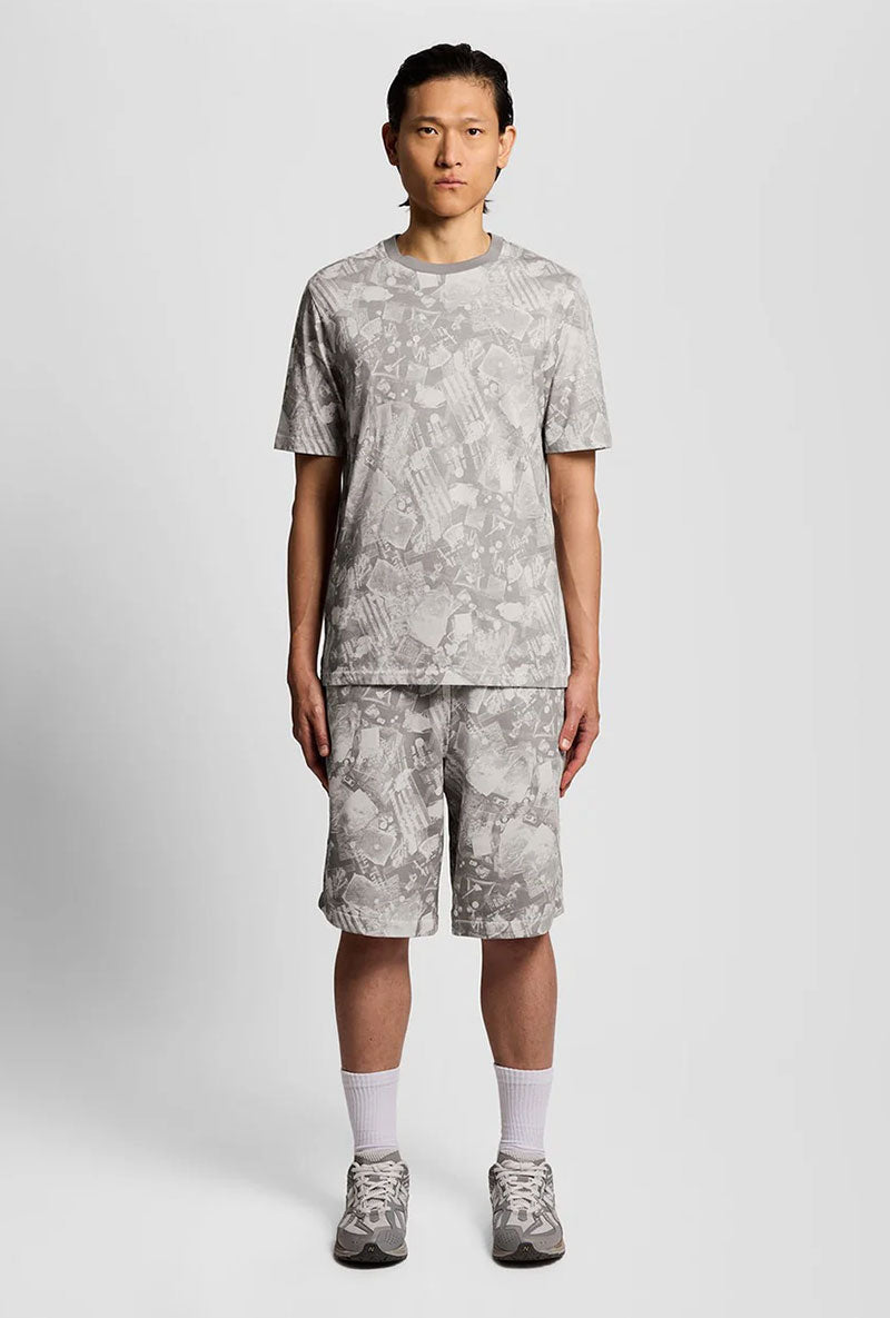 Front image of a model wearing Industrial print t in grey, by brand Lyle and scott