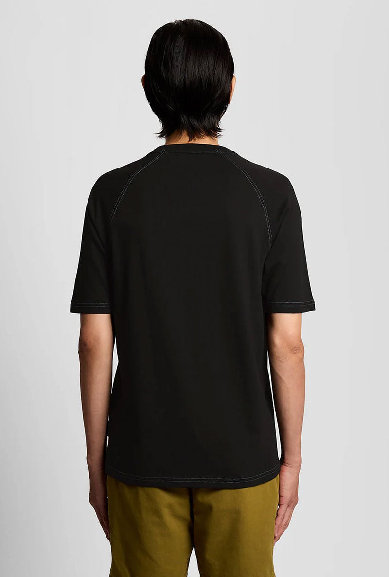 Back image of a model wearing Keep fresh graphic t in navy, by brand Lyle and scott