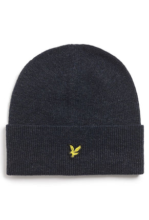 Front image of Lyle and scott lambswool ribbed beanie in navy, by brand Lyle and scott