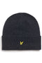 Front image of Lyle and scott lambswool ribbed beanie in navy, by brand Lyle and scott