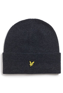 Front image of the Lyle and scott lambswool ribbed beanie in navy, by brand Lyle and scott