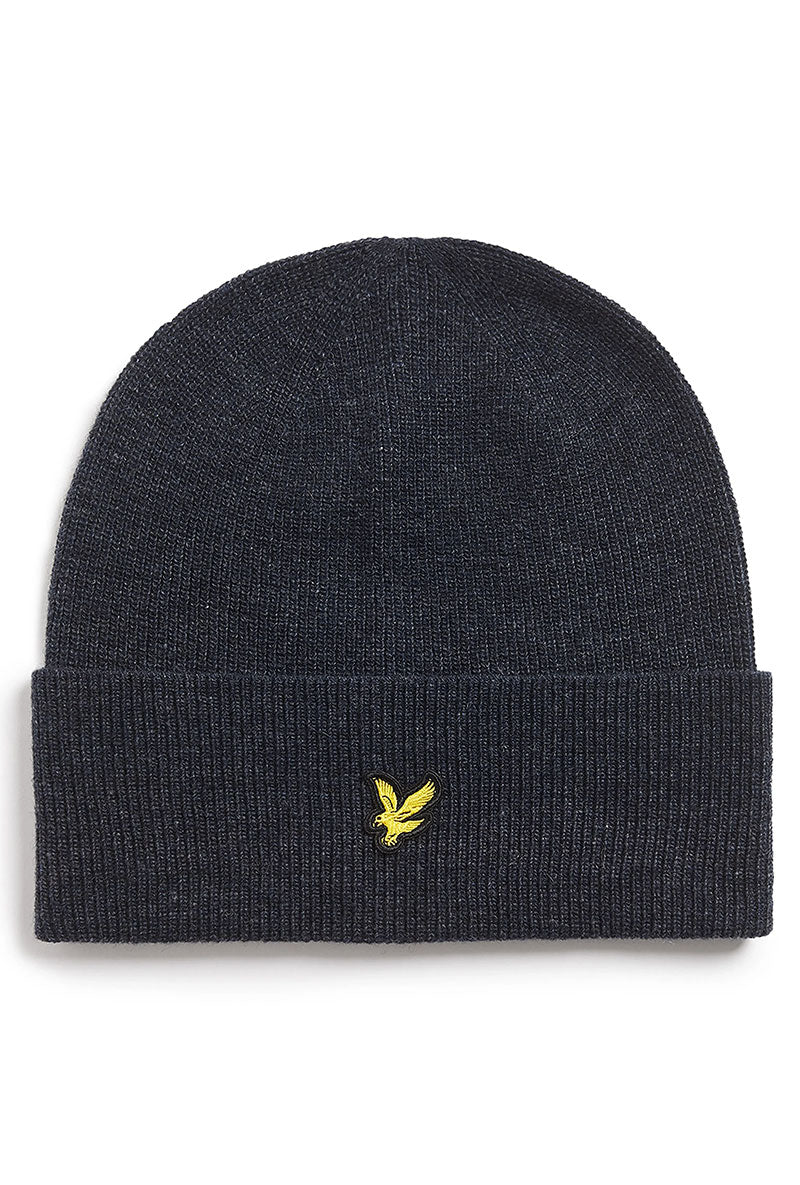 Front image of Lyle and scott lambswool ribbed beanie in navy, by brand Lyle and scott