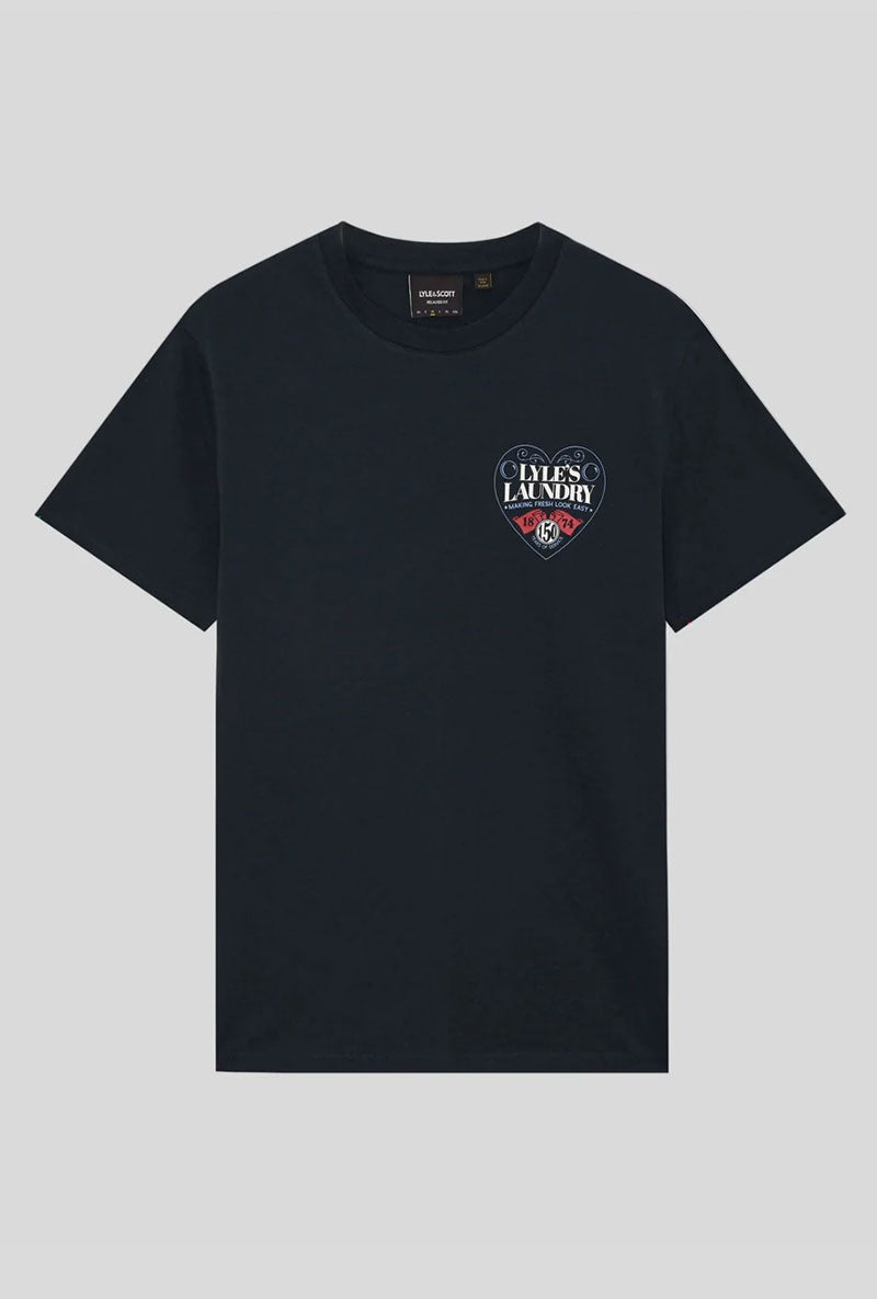 Front image of Lyles laundry graphic t in navy, by brand Lyle and scott