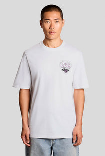 Front image of a model wearing the Lyles laundry graphic t in white, by brand Lyle and scott