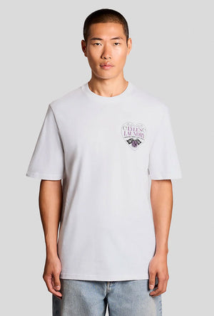 Front image of a model wearing the Lyles laundry graphic t in white, by brand Lyle and scott