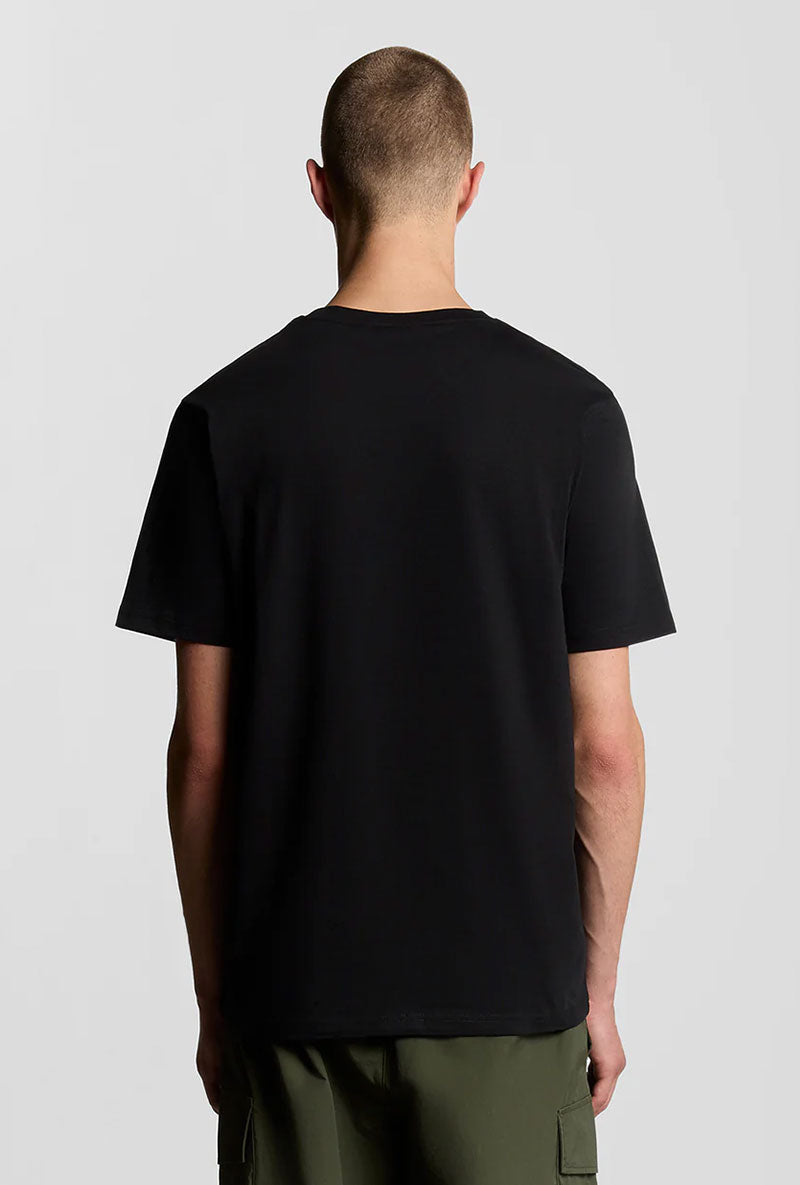 Back image of a model wearing Plain logo tshirt in black, by brand Lyle and scott