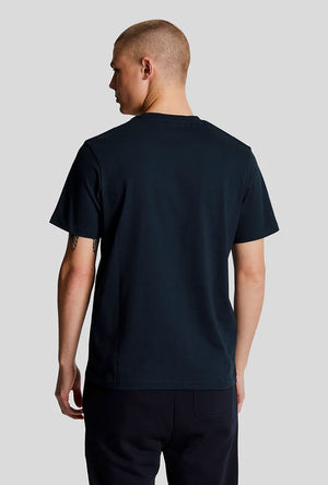 Back image of a model wearing the Plain logo tshirt in navy, by brand Lyle and scott
