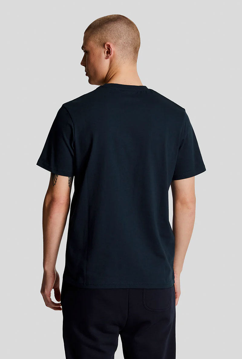Back image of a model wearing Plain logo tshirt in navy, by brand Lyle and scott