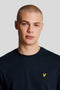 Front neck detail image of a model wearing the Plain logo tshirt in navy, by brand Lyle and scott