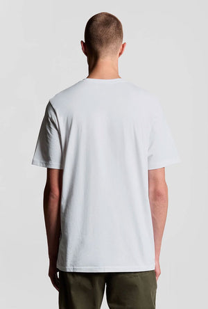 Back image of a model wearing the Plain logo tshirt in white, by brand Lyle and scott