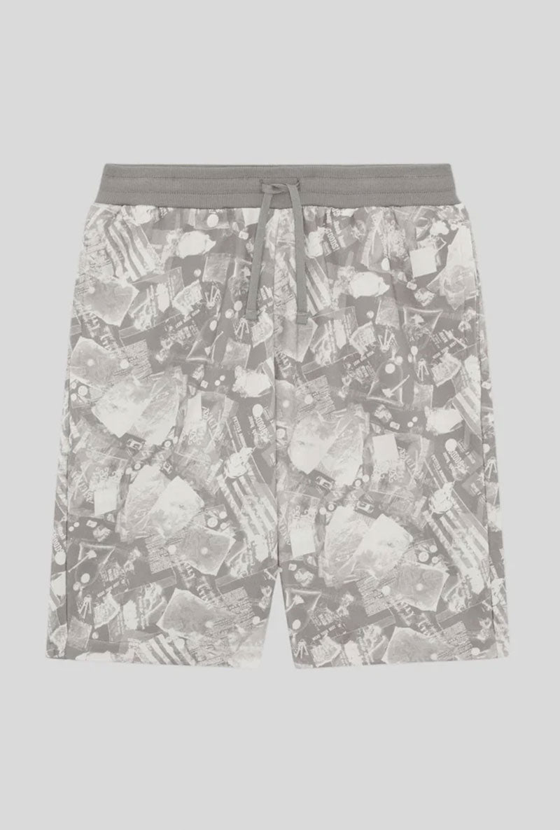 Front image of Industrial print sweat shorts in grey, by brand Lyle and scott